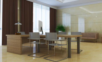 modern cabinet with marble walls and a large window. business background. 3D rendering.