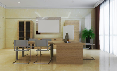 view of the furniture in the director's office. 3D rendering. Blank paintings.  Mockup.