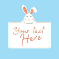 Happy Easter web banner. Greeting card with rabbit. Bunny ears. Vector illustration. Character bunny, rabbit and table