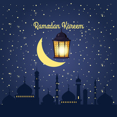 Ramadan kareem background, illustration with arabic lanterns and golden crescent, on starry background.