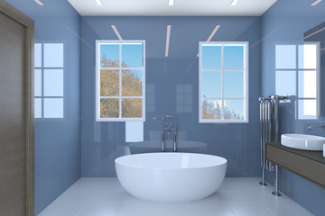 Fototapeta na wymiar Blue bathroom with two washbasins and large windows. 3D rendering