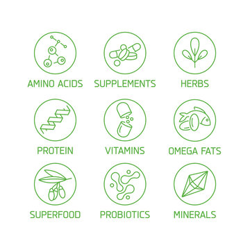 Vector set of logos, badges and icons for natural and health products. Collection symbol of healthy eating and dieting, vitamins, supplements.
