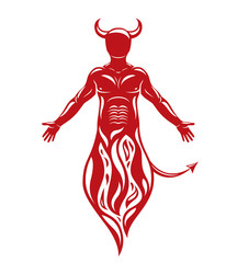 Vector human being standing in flame. Mystic infernal horned Satan, evil spirit.