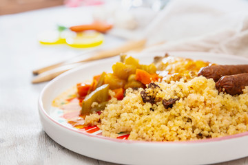 traditional moroccan dish couscous salad with Sausage