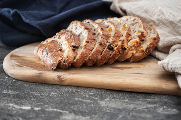 baked French bread on wooden table