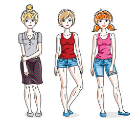 Happy young adult girls female standing wearing casual clothes. Vector characters set. Fashion and lifestyle theme cartoons.