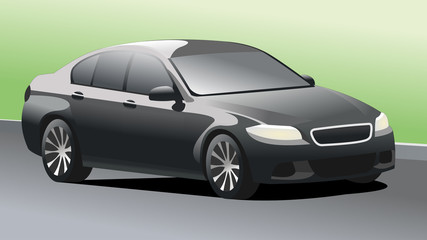 Passenger car on the background of asphalt, curb and lawn, three quarters view.