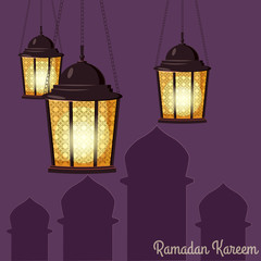 Ramadan Kareem holiday islam, illustrations with arabic lanterns