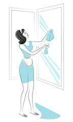 Profile of a sweet lady. A girl is washing windows. A woman is a good wife and a neat housewife. Vector illustration