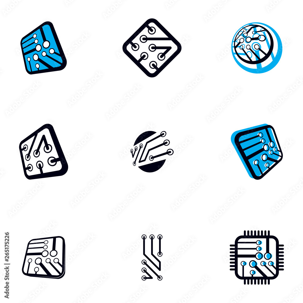 Poster technology communication cybernetic elements collection. vector abstract circuit board. set of elect