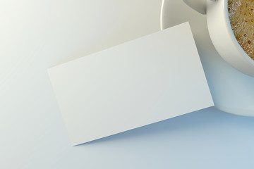 White Business card blank mockup with cup of coffee on background. 3D render image template. Top view.