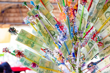 Thai Buddhist make a merit with bank note in Songkran Festival.  Songkran Festival is the traditional New Year celebration in Thailand.