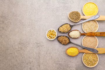 Healthy food vegetarian (vegan) concept. Assorted various organic cereals, legumes, whole grains.