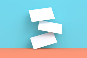 Falling realistic blank white business cards template at blue and orange background. 3D Render Illustration of realistic mockup design.
