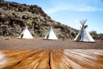 Desk of free space and summer background of tent 
