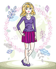 Attractive young blonde woman standing on background of spring landscape and wearing stylish casual clothes. Vector human illustration.