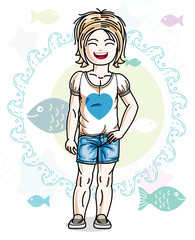Little blonde girl toddler standing in fashionable casual clothes. Vector kid illustration. Sea fauna theme.