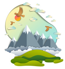 Scenic landscape of mountain peaks range, cloudy sky with birds and sun, summer vector illustration in paper cut kids style. Summer holidays, travel and tourism.