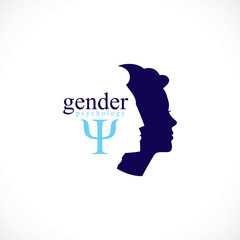 Gender psychology concept created with man and woman heads profiles, vector logo or symbol of relationship problems and conflicts in family, close relations and society. Classic style simple design.