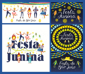 Set of Festa Junina designs with dancing people, musicians, straw hat, lanterns, bunting, bonfire, Portuguese text. Hand drawn vector illustration. Flat style. Concept holiday banner, poster, flyer