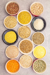 Healthy food vegetarian (vegan) concept. Assorted various organic cereals, legumes, whole grains.