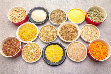 Healthy food vegetarian (vegan) concept. Assorted various organic cereals, legumes, whole grains.