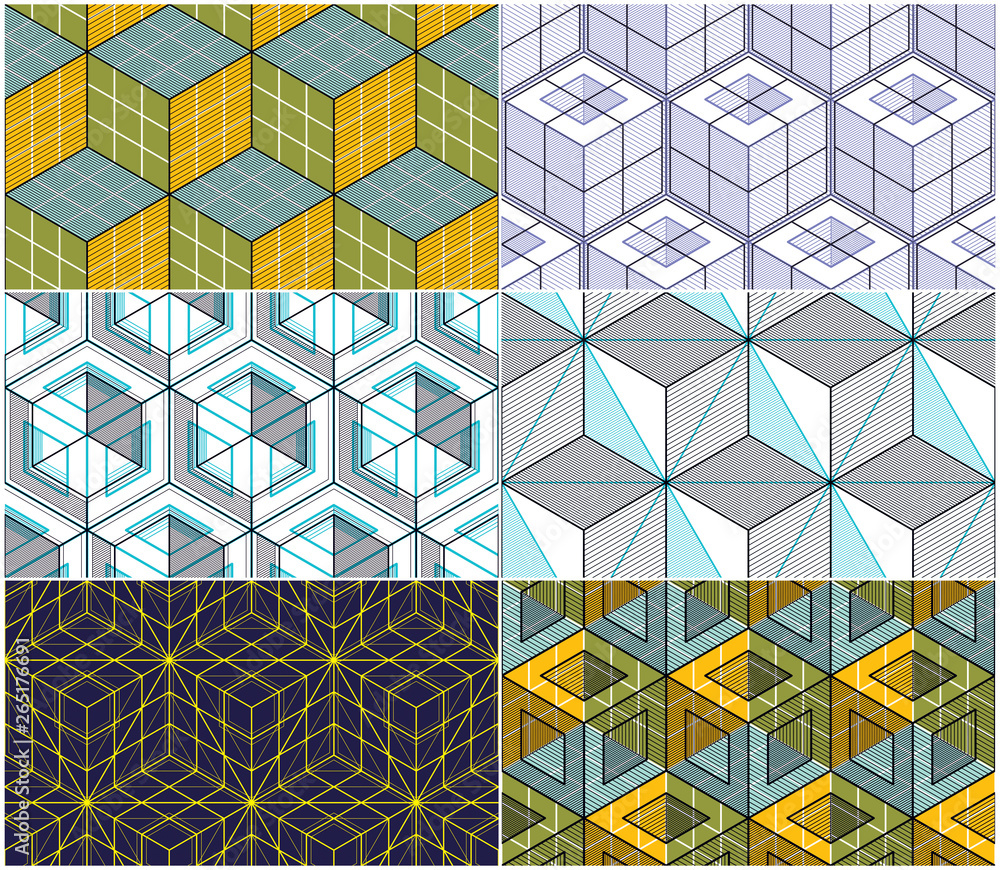 Poster geometric cubes abstract seamless patterns set, 3d vector backgrounds collection. technology style e