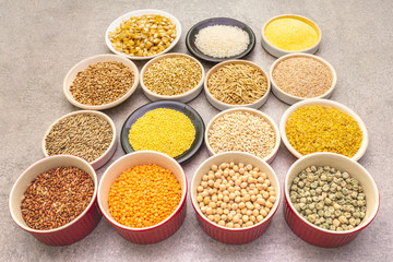 Healthy food vegetarian (vegan) concept. Assorted various organic cereals, legumes, whole grains.