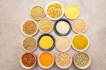 Healthy food vegetarian (vegan) concept. Assorted various organic cereals, legumes, whole grains.