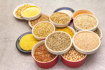 Healthy food vegetarian (vegan) concept. Assorted various organic cereals, legumes, whole grains.