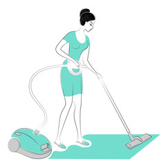 Profile of a sweet lady. The girl removes dust in the room with a vacuum cleaner. A woman is a good wife and a neat housewife. Vector illustration