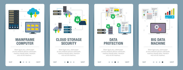 Vector set of vertical web banners with mainframe computer, cloud storage security,  data protection, big data machine. Vector banner template for website and mobile app development with icon set. - obrazy, fototapety, plakaty
