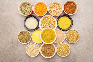 Healthy food vegetarian (vegan) concept. Assorted various organic cereals, legumes, whole grains.