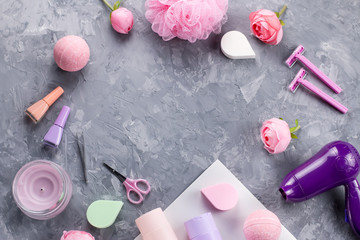 Personal care products, lingerie and cosmetics flat lay. Woman beauty treatment concept, top view