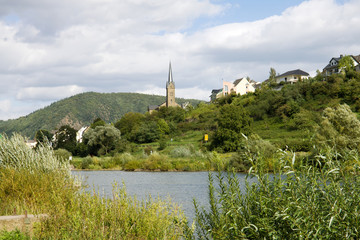 A scenic landscape with the Mosel river near Kobern-Gondorf in Germany
