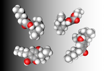 Molecular model of cannabidiolic acid (CBDA). Atoms are represented as spheres with conventional color coding: hydrogen (white), carbon (grey), oxygen (red). 3d illustration