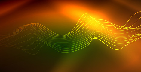 Glowing abstract wave on dark, shiny motion, magic space light. Techno abstract background