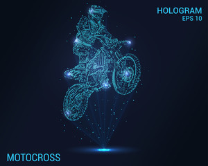 Hologram motocross. Holographic projection of a motorcycle racer. Flickering energy flux of particles. Stunts on a motorcycle.