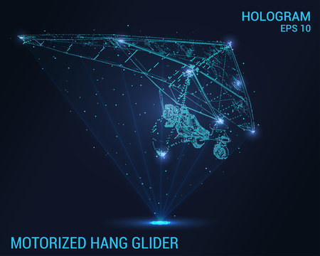 Hologram motorized hang glider. Holographic projection motorized glider. Flickering energy flux of particles.