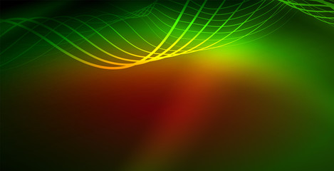 Glowing abstract wave on dark, shiny motion, magic space light. Techno abstract background