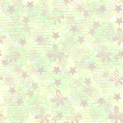Fototapeta na wymiar Abstract smudge wallpaper with stars, sponge, flowers. Bright retro style.