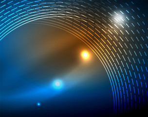 Blue neon circles, abstract circular lines. Glowing circle abstract pattern background