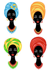 Collection. Silhouette of a head of a sweet lady. A bright shawl, a turban is tied on the head of an African-American girl. The woman is beautiful and stylish. Set of vector illustrations