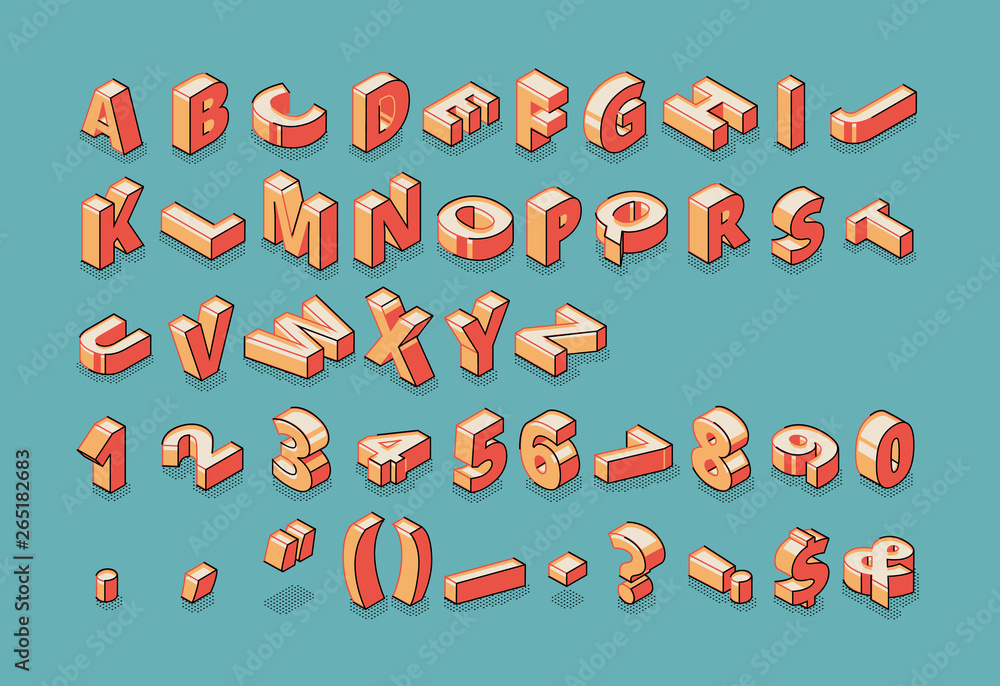Fototapete isometric alphabet, numbers and punctuation marks standing and lying in raw on blue retro colored ba