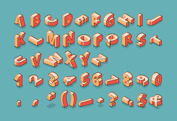 Isometric alphabet, numbers and punctuation marks standing and lying in raw on blue retro colored background. Abc letters, typography 3d elements, signs, symbols. Vector illustration in line art style