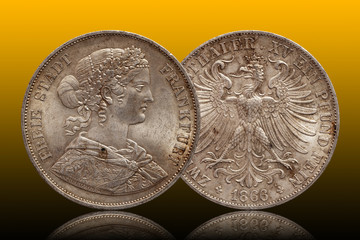 Germany german silver coin 2 two thaler double thaler frankfurt minted 1866 isolated on gradient...