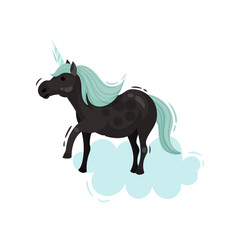 Black unicorn with a blue mane. Vector illustration.