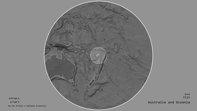 Fiji and its capital circled and zoomed on the global bilevel map in the van der Grinten I projection with animated oblique transformation. Animation 3D