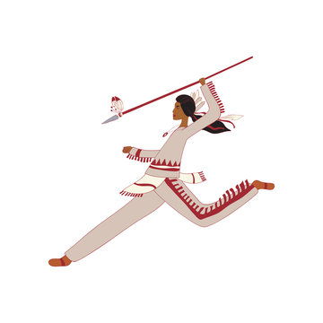 Red Indian Guy Runs With A Spear In His Hand. Vector Illustration.