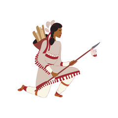 Red Indian guy standing on one knee with a spear. Vector illustration.